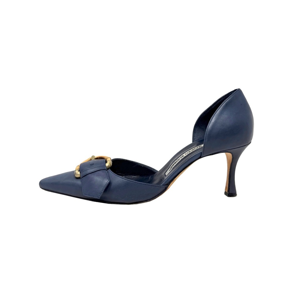 Manolo Blahnik Navy Blue Leather Pumps Pointed Toe‎ Heels 37.5